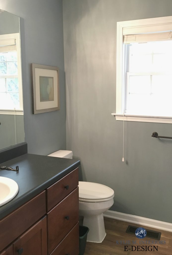 Best blue gray paint colour. Benjamin Moore Gibraltar Cliffs. Small bathroom in lake cabin. Kylie M INteriors Edesign, online diy decorating and color advice reviews
