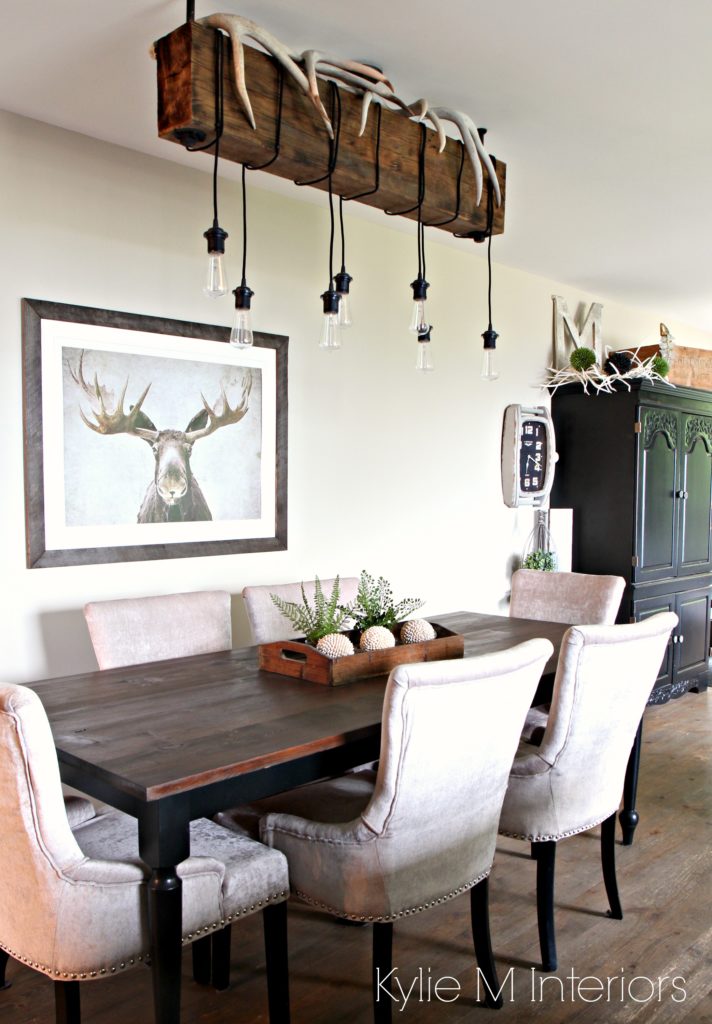 Home decor for a hunting home with farmhouse country style. Rustic chandelier and Grant Beige Benjamin Moore. By Paint Colour Consultant Kylie M Interiors 
