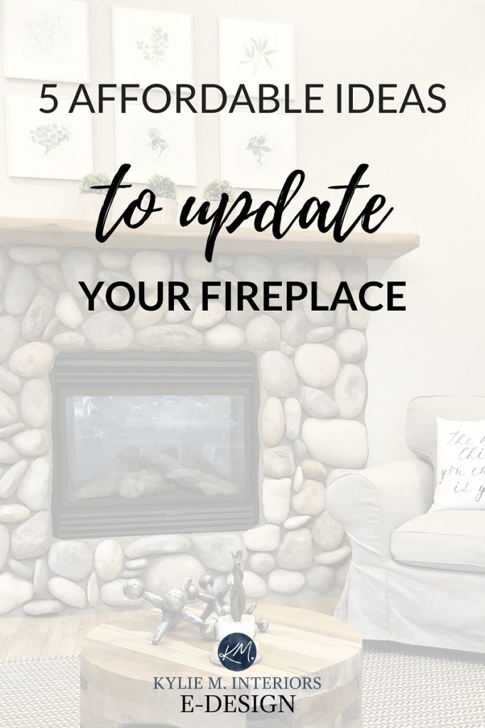 Affordable ideas and tips to diy update your fireplace brick, stone, mantel, tile surround and more. Kylie M Interiors Edesign, online virtual paint color consulting