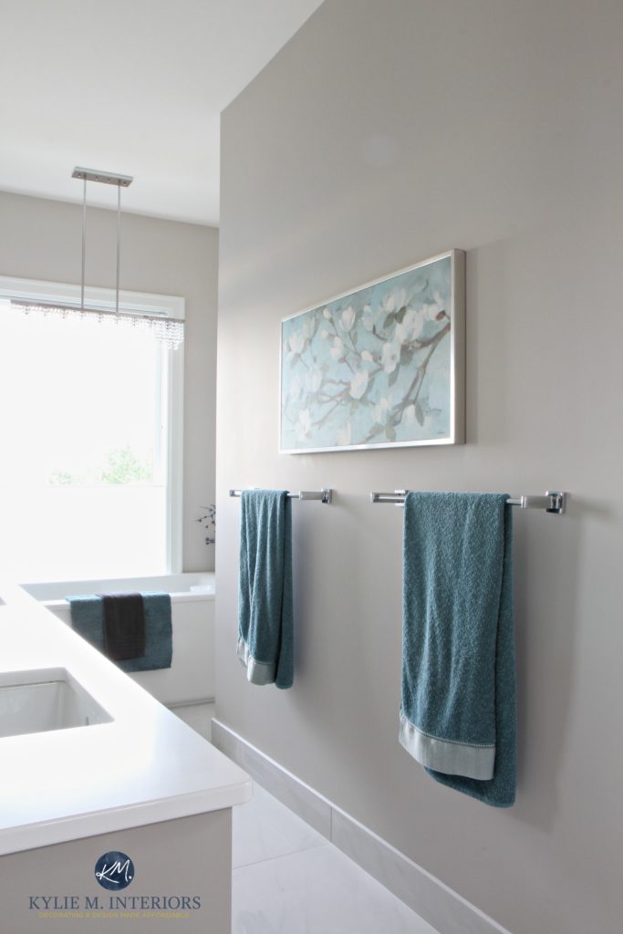 bathroom-with-marble-floor-teal-accents-freestanding-tub-benjamin-moore-balboa-mist-a-warm-gray-greige-paint-colour-with-undertones-kylie-m-interiors-e-decor-and-color-consulting