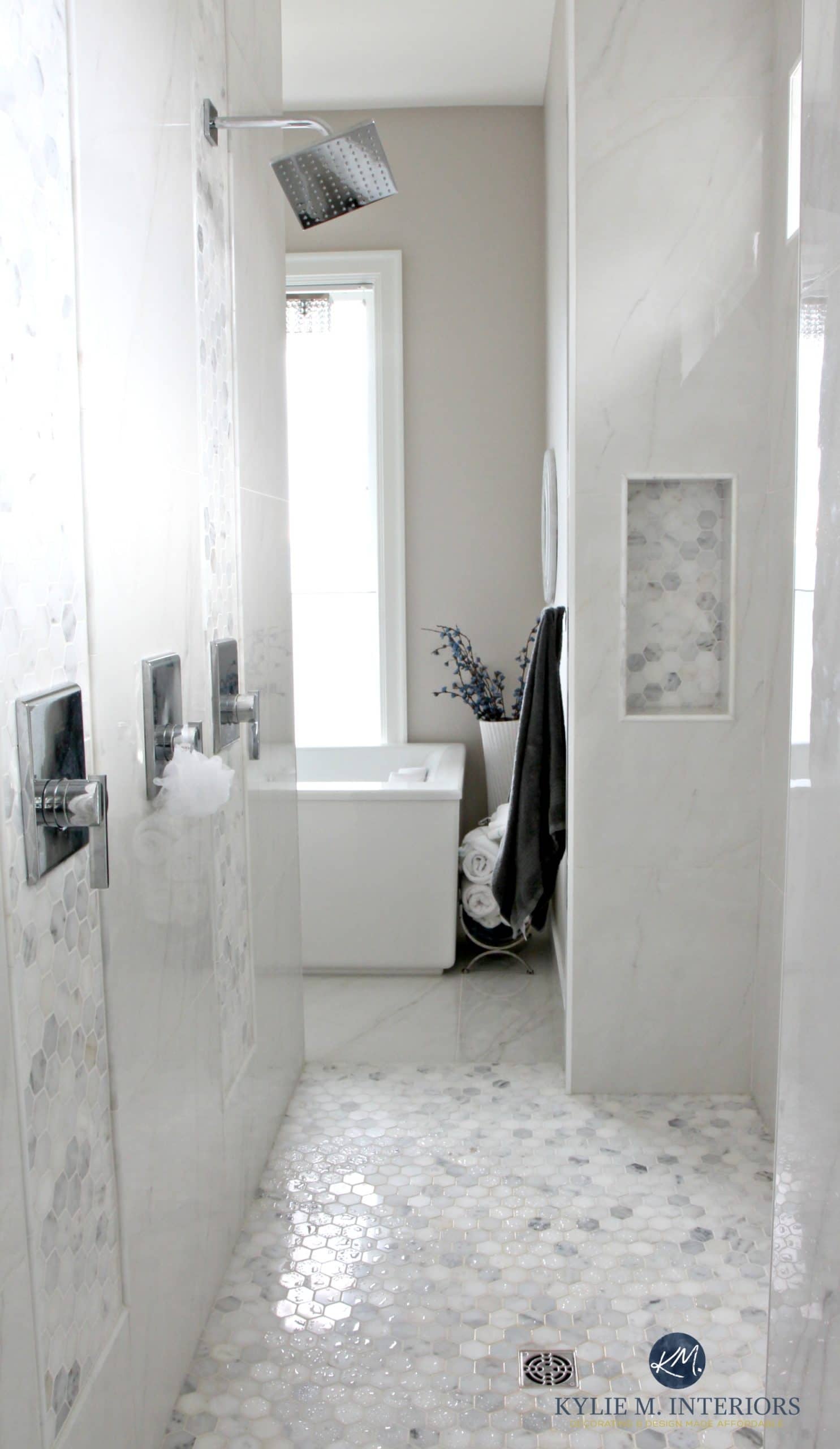 Bathroom With Marble Walk In Shower Hexagon Tile Floor Alcove