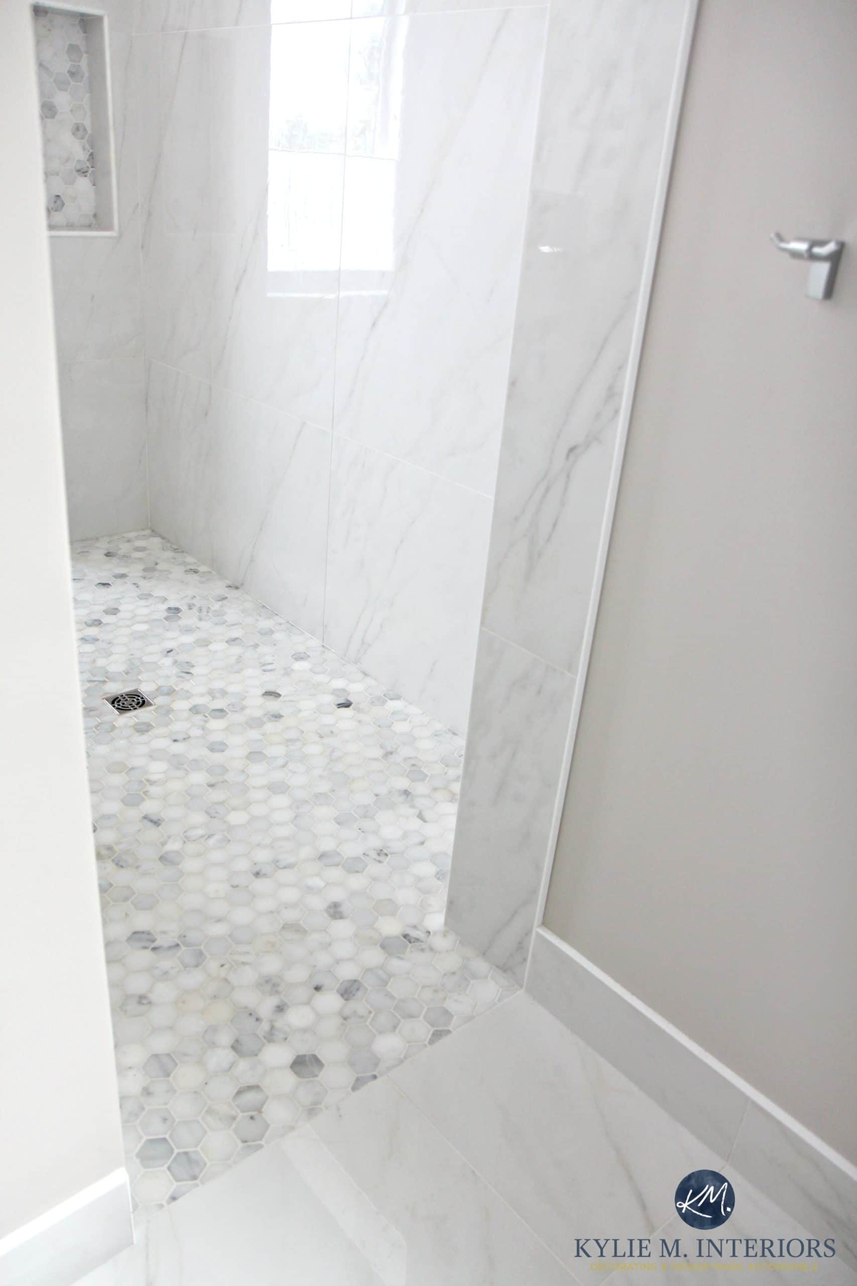 Walk In Shower With Marble Hexagon Tile Floor Marble Walls