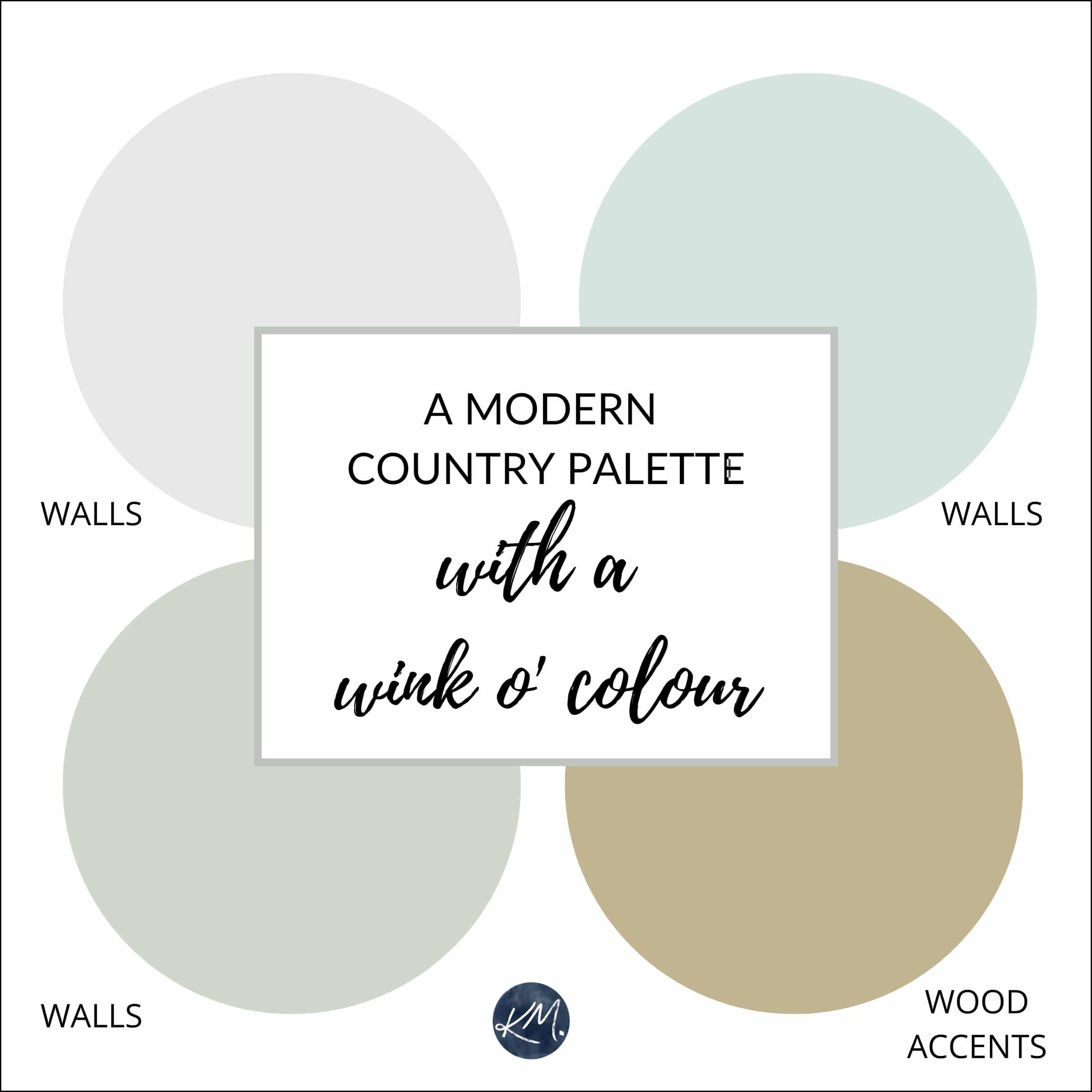 A modern country style paint palette with a bit more color, blue, green. Farmhouse inspired. Kylie M Interiors Edesign, using Benjamin or Sherwin paint colors. Online paint colour expert