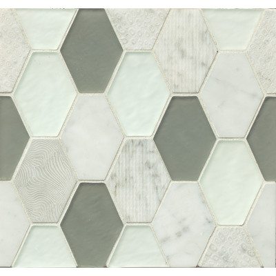 Accent tile in hexagon of green and marble that updates forest green countertops or flooring in a kitchen or bathroom. Kylie M Interiors Online Color consultant