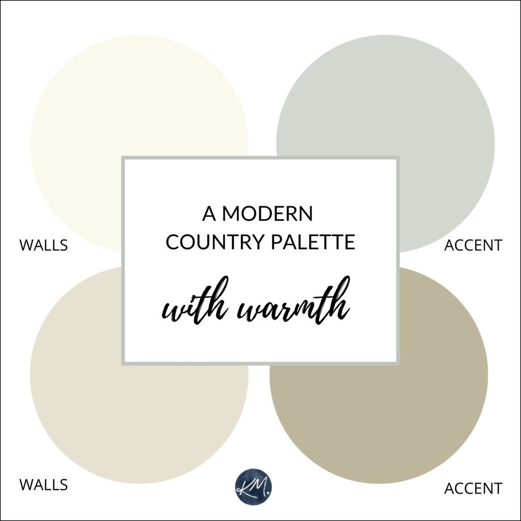 Modern country style paint palette with warm neutral colours. Cream and beige. Farmhouse. Kylie M Interiors Edesign, using Benjamin or Sherwin paint colors. Online paint colour expert