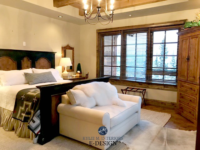 Mountain contemporary style bedroom. Sherwin Williams Balanced Beige neutral. Kylie M Interiors E-design, wood furniture,