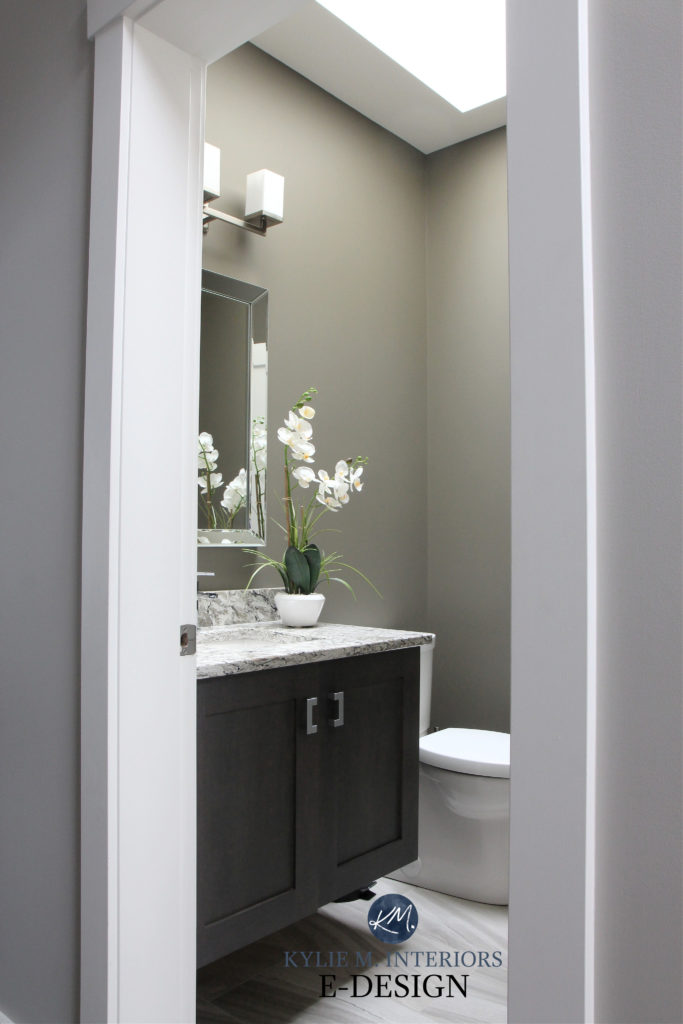 Small bathroom or powder room with Sherwin Williams Anonymous dark walls, dark wood vanity, tile floor. Kylie M Interiors Edesign, diy update ideas