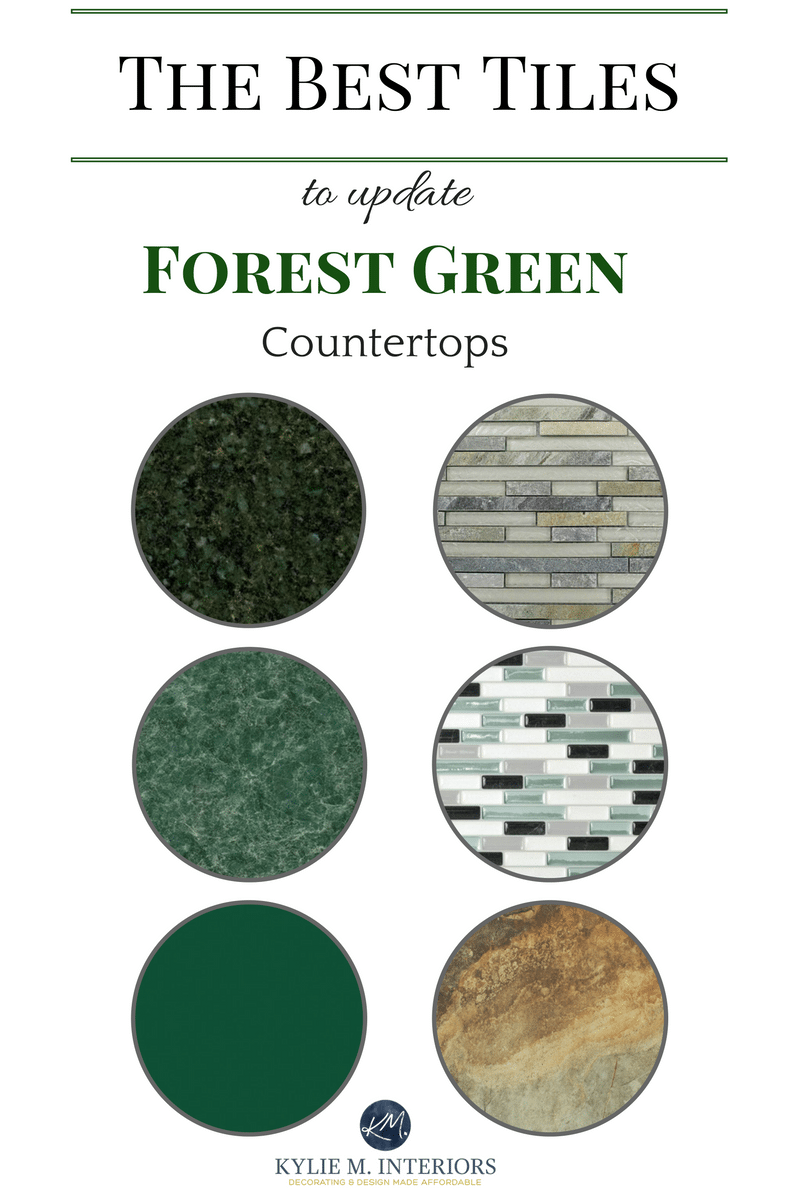 The best tile ideas to update forest green laminate, granite or quartz countertops in bathroom or kitchen. Kylie M Interiors E-design.jpg