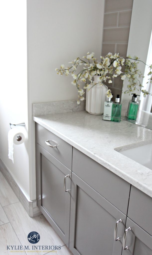 Benjamin Moore Classic Gray. Best gray for vanity or cabinets, Benjamin Moore Metropolis p and Bianco Drift bathroom countertop by Kylie M Interiors
