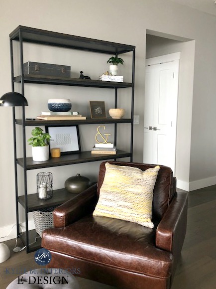 Sherwin Williams Collonade Gray, bookcase decorated. North facing, leather accent chair. Kylie m Interiors E-design, online paint colour consultant, virtual design