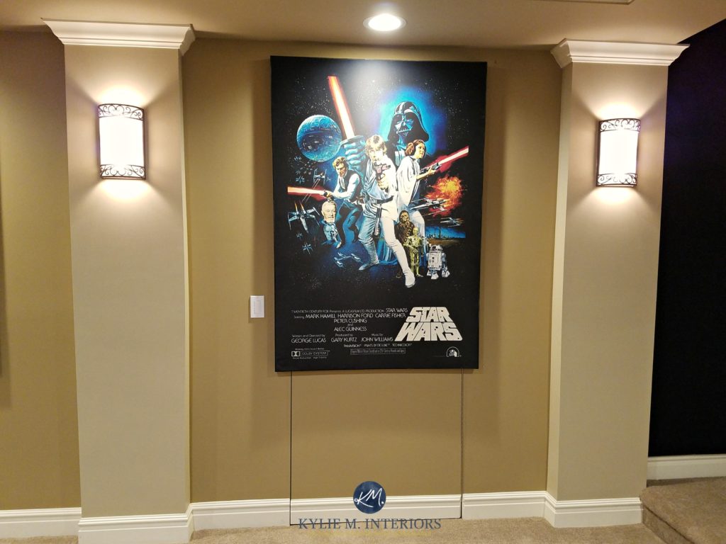 Star wars movie poster stretched over acoustic fabric for a home theatre or media room. Kylie M Interiors
