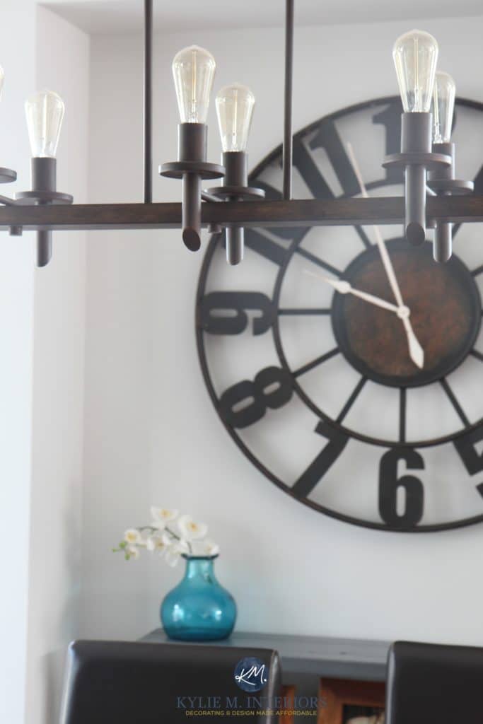 Benjamin Moore Gray Owl with industrial style lighting and clock