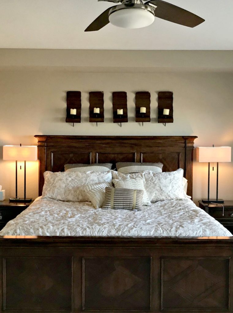 Sherwin Williams Barcelona Beige, best best neutral paint color. master bedroom, dark wood furniture, Kylie M Edesign
