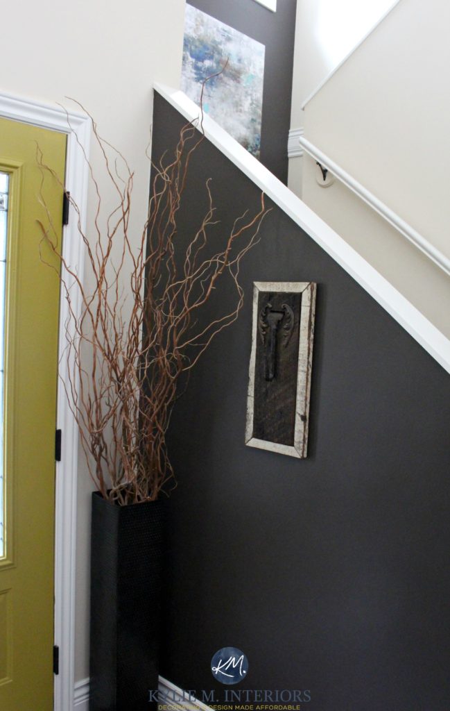 Benjamin MOore Gentle Cream in a north facing room with dark brown feature wall and chartreuse green front door. Kylie M Interiors E-decor and Colour Consulting