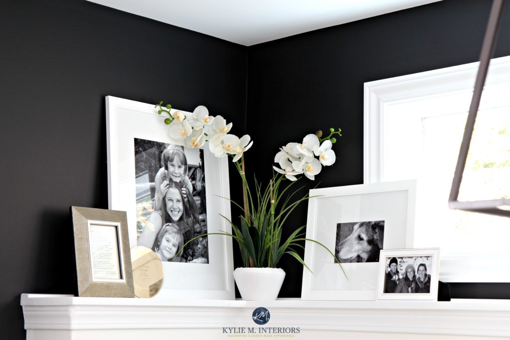 Decorating tips for a foundation wall with photos. Sherwin Williams Tricorn Black and Cloud White