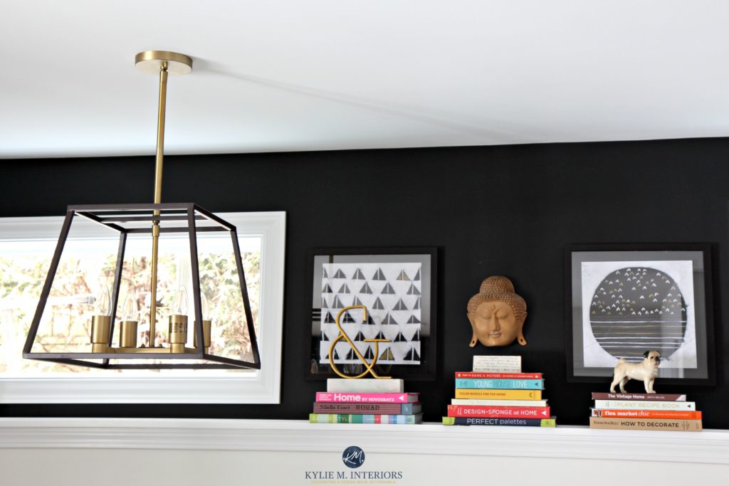 Decorating with books on foundation wall, Sherwin Williams Tricorn Black and gold chandelier by Kylie M Interiors E-decor and Design