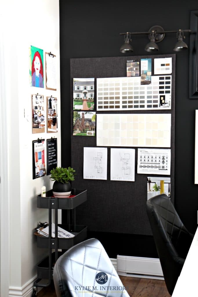Ideas for Ikea Raskog cart and desks in home office with large corkboard and feature wall in Tricorn Black and Cloud White. Kylie M Interior Color Consulting