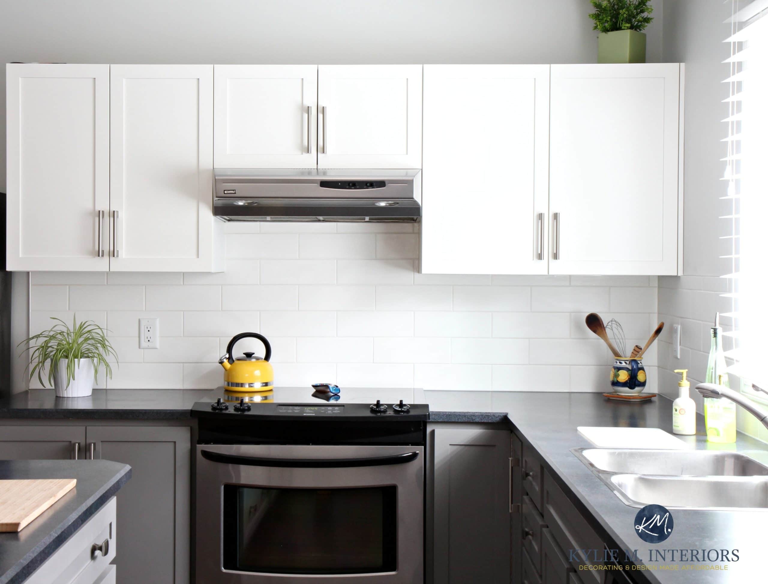 Painted kitchen cabinets. Benjamin Moore Chelsea Gray, Gray Owl, white subway tile, black laminate countertop. Budget friendly Kylie M Interiors E-design Colour expert (2)