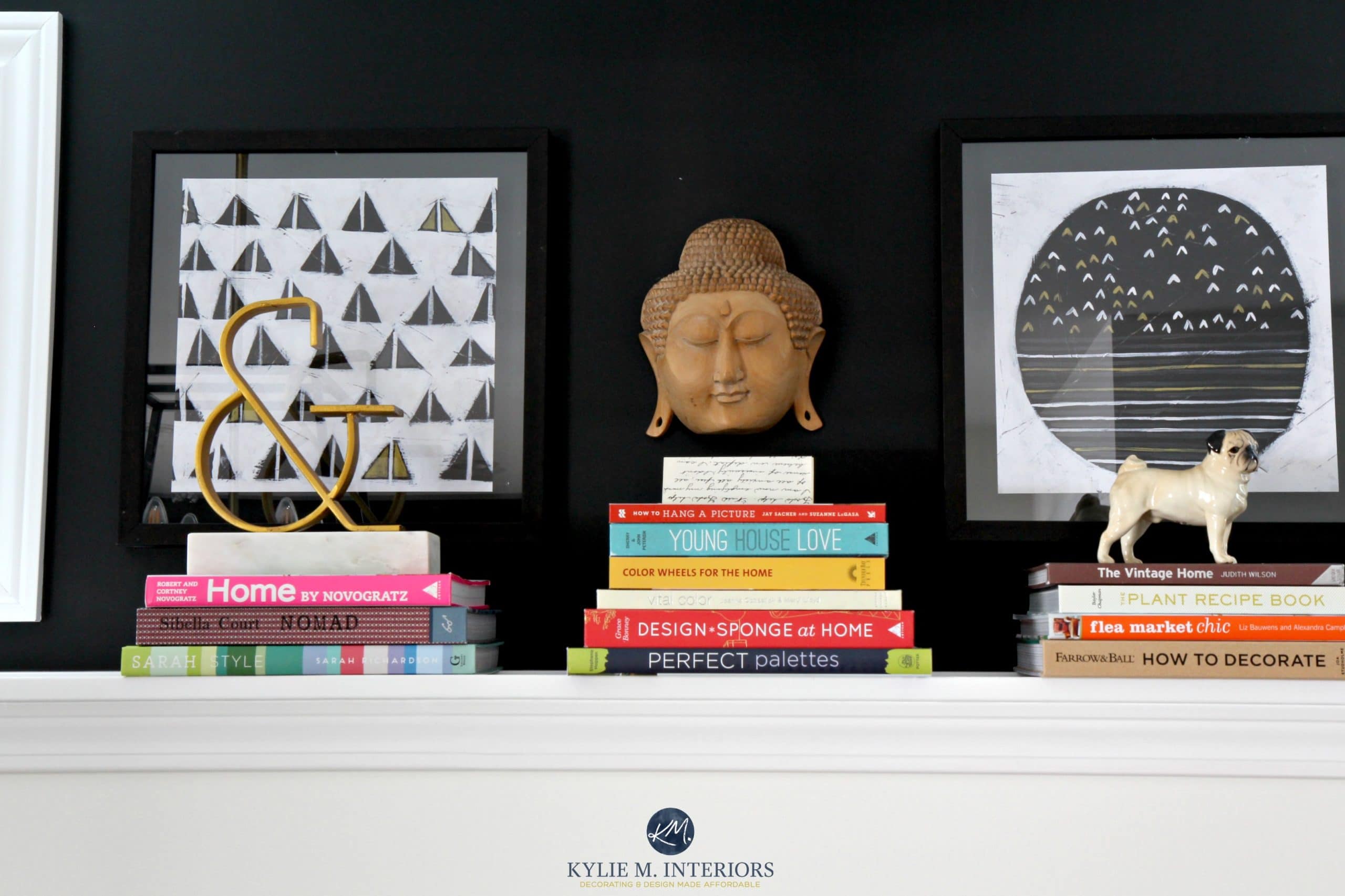 ideas for decorating with books on foundation wall. Sherwin Williams Tricorn Black and Benjamin Cloud White by Kylie M Interiors Colour Consultant