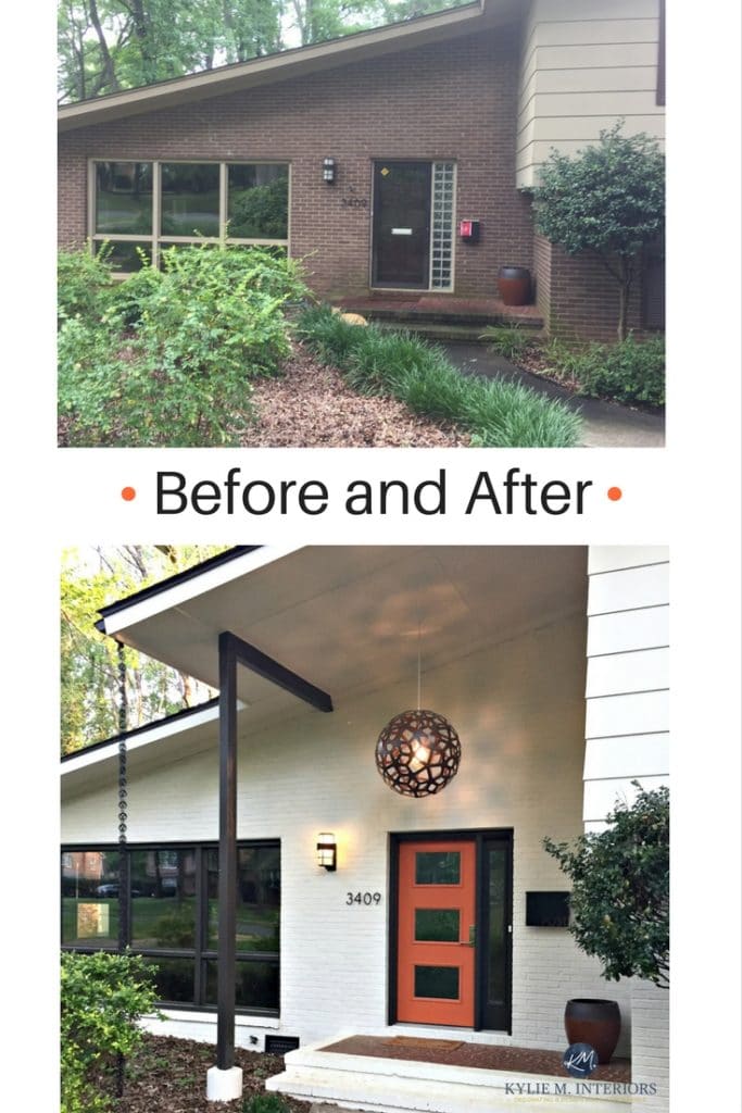 Before and after mid century modern entryway with exterior painted brick in Ballet White, orange front door and Willow trim colour by Benjamin Moore. Kylie M E-design and ONline color consulting