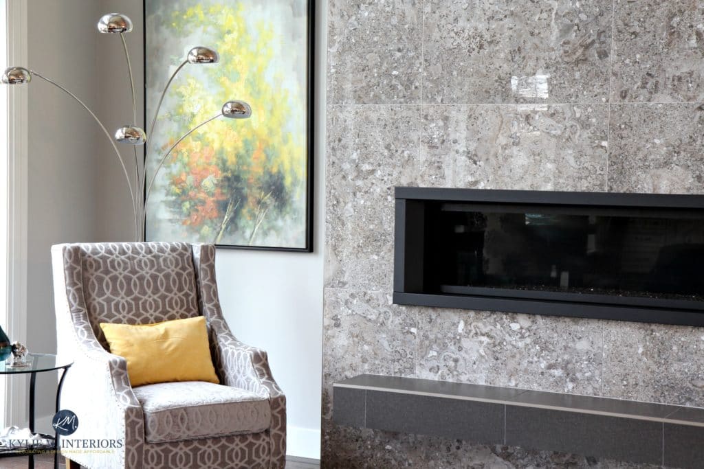 Contemporary living room. Sherwin Williams Repose Gray, tile fireplace surround with floating hearth and linear gas insert. Kylie M Interiors Decorating and Design Online and local in Nanaimo BC