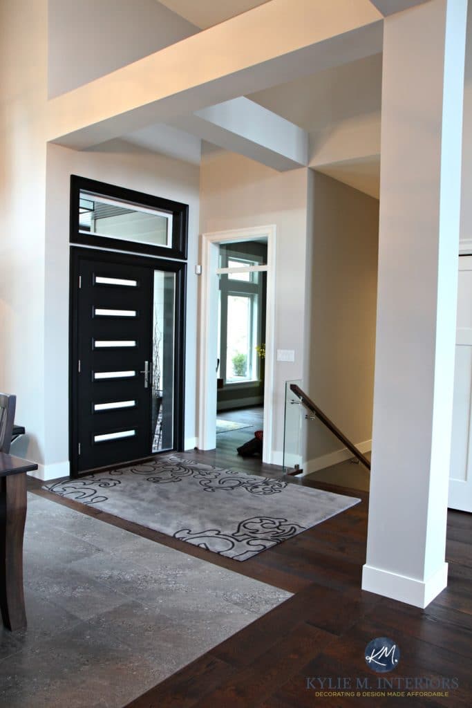 Contemporary modern front door painted black with beams and high, vaulted ceilings, glass railing going downstairs. Kylie M Interiors