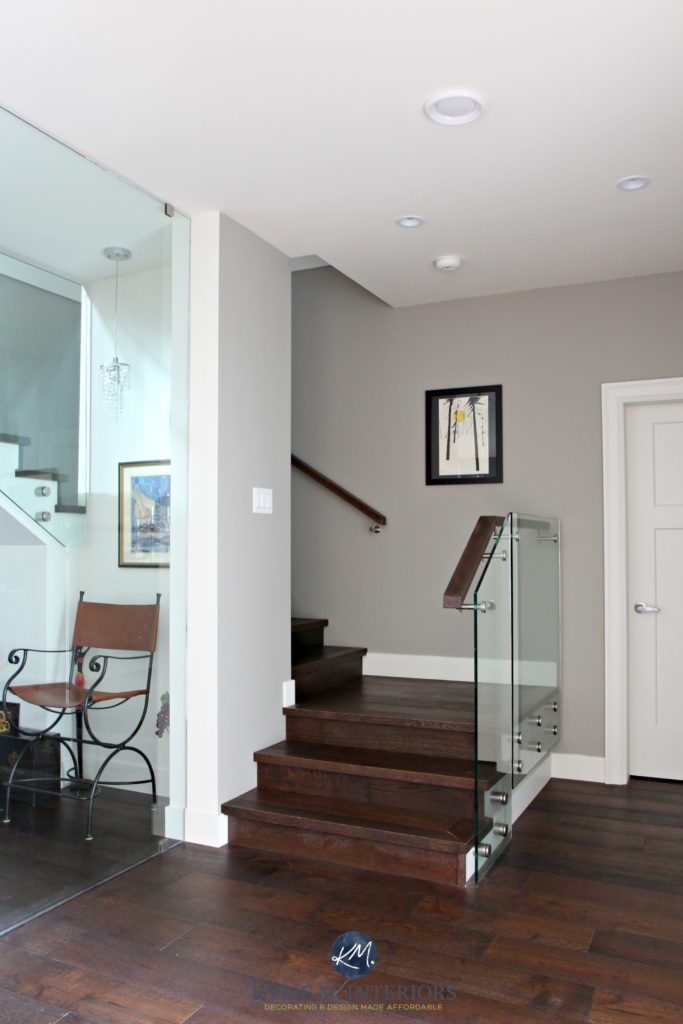Contemporary stairwell with glass and dark wood. Sherwin Williams Dorian Gray. Wine room under stairs. Kylie M Interiors Decorating and Design. E-decor and Consulting Online