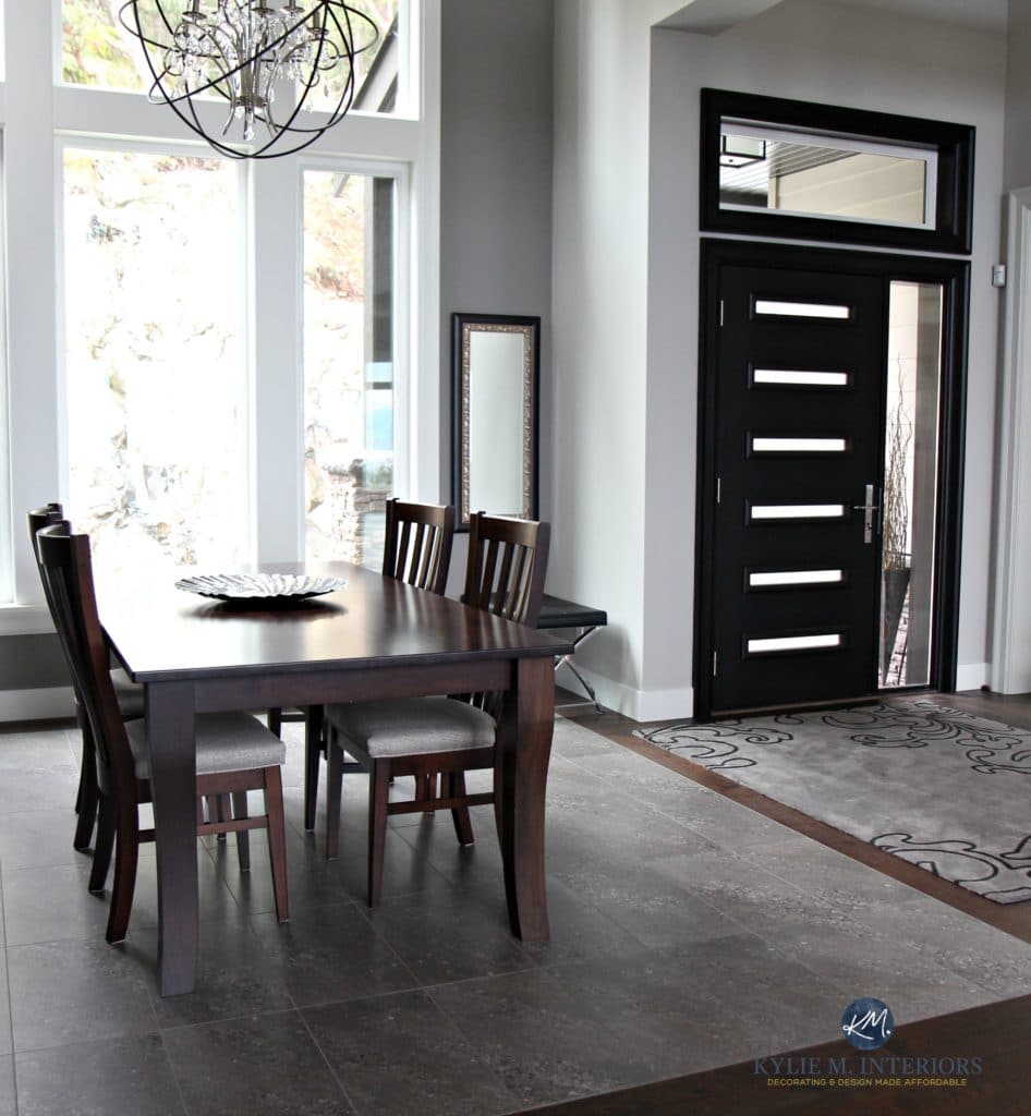 Dining Room and Entryway, foyer. Black modern front door, Sherwin Williams Repose Gray and tile inlay. Kylie M Interiors Decorating and Design