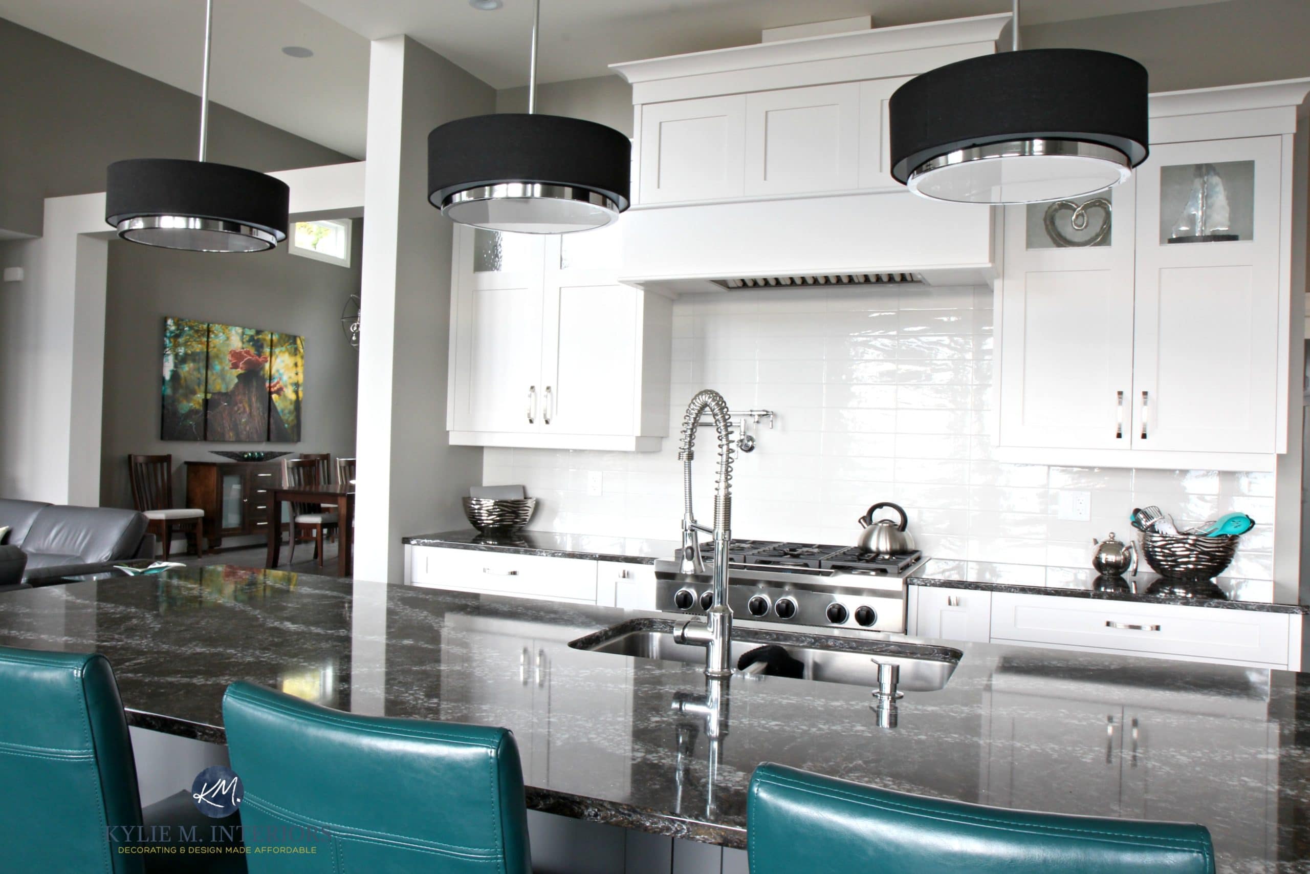 High contrast white contemporary kitchen with black granite and white ...