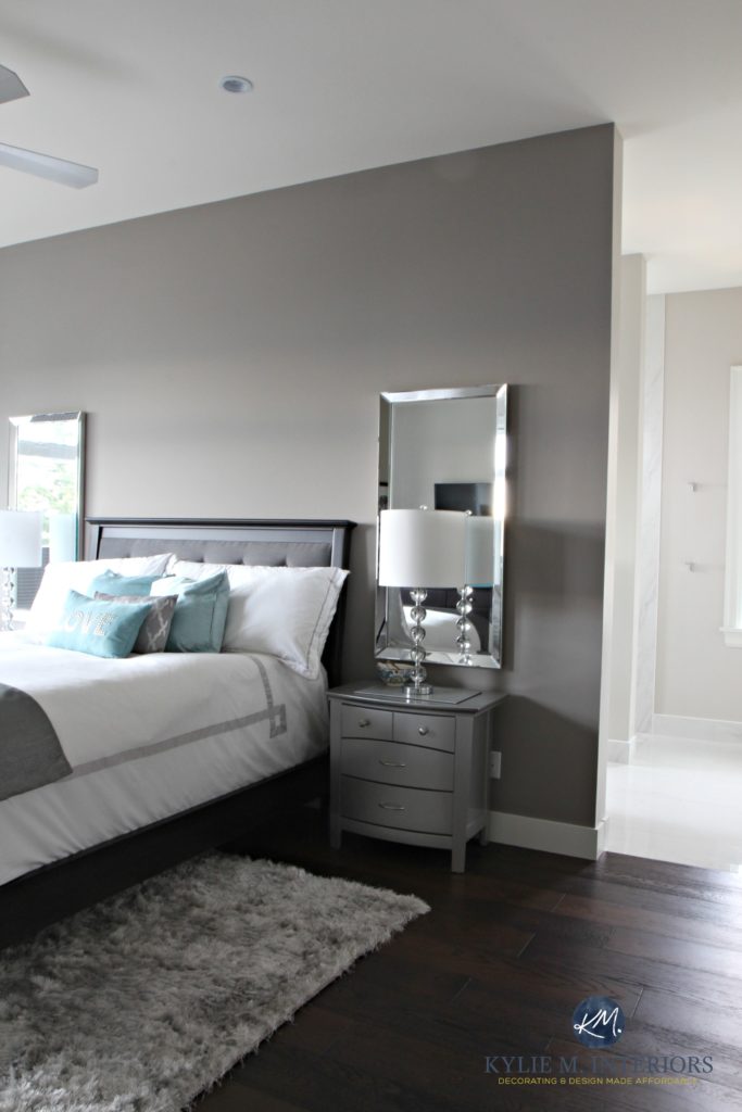 Master bedroom with Benjamin Moore Escarpment and Collingwood. Kylie M Interiors E-design