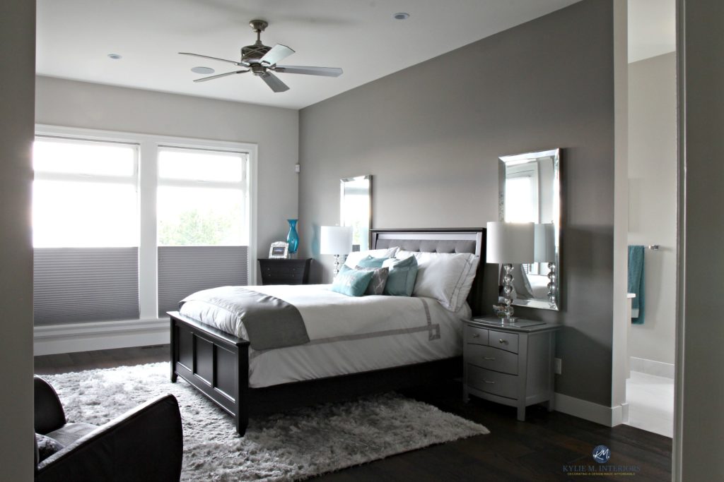 Master bedroom, Benjamin Moore Collingwood with Escarpment feature, accent wall. Kylie M Interiors Decorating and E-design