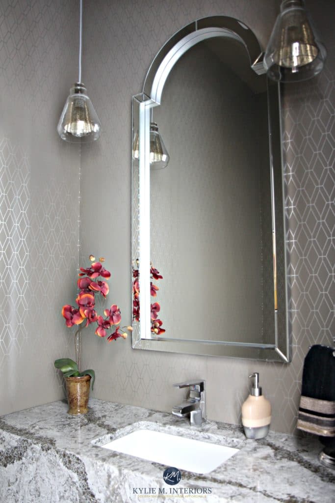 Powder room, small bathroom with Galloway quartz countertop, graphic wallpaper, mirror and pendants. KYlie M Interiors