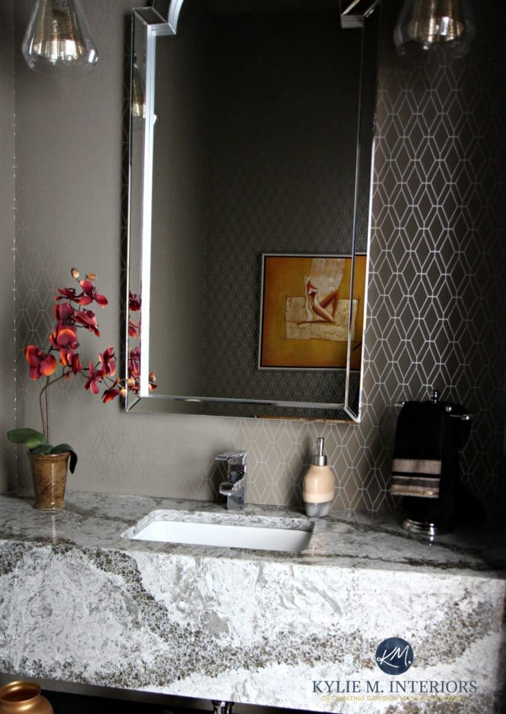 Small bathroom, powder room, floating vanity. Cambria Galloway quartz countertop.Graphic wallpaper.Kylie M Interiors E-decor, Online Design Consulting (1 (2)