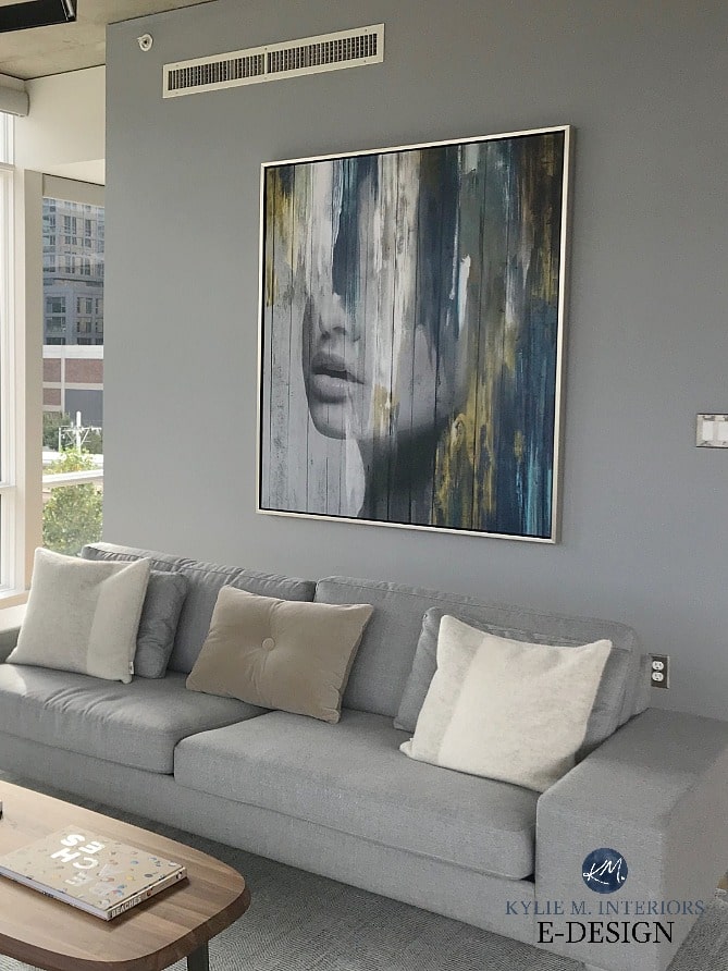 Feature or accent wall in Benjamin Moore Delray Gray with a warm gray sofa and toss cushions. Kylie M INteriors Edesign, masculine, guy condo style. Online Paint Colour Consulting