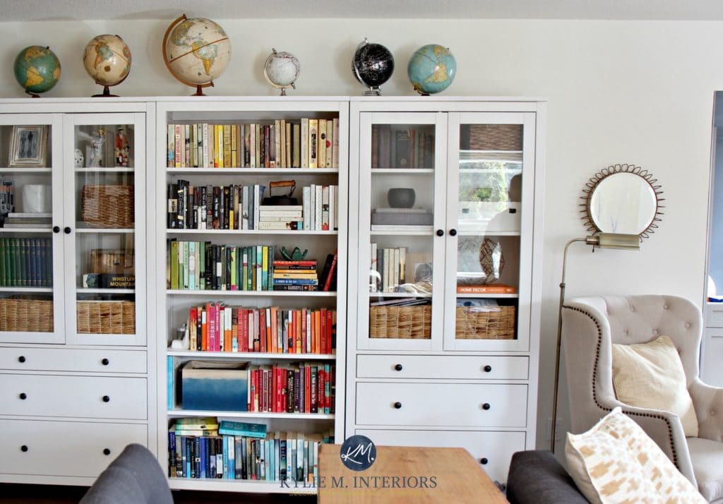 Ikea hemnes white bookcases with book display ideas. Vintage globe collection and home decor. Kylie M Interiors E-design expert and canadian blogger