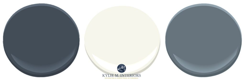 Sherwin Williams Cyberspace, Creamy and Benjamin Moore Steel Wool in a family room palette. Kylie M INteriors