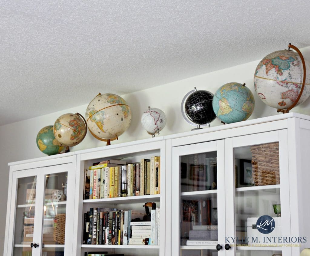 Vintage globe collection on top of Ikea Hemnes white bookcases. Kylie M INteriors E-decor, e-design and home decor blog and ideas