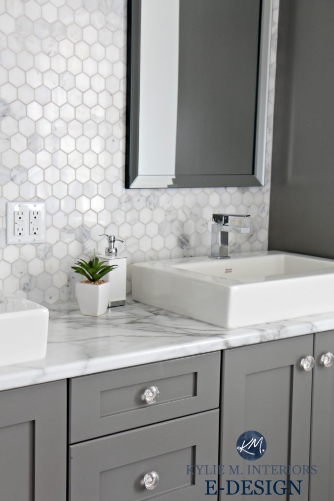 Bathroom countertop Formica calacatta marble laminate, hexagon tile and drop in vessel sink. Kylie M Interiors E-design
