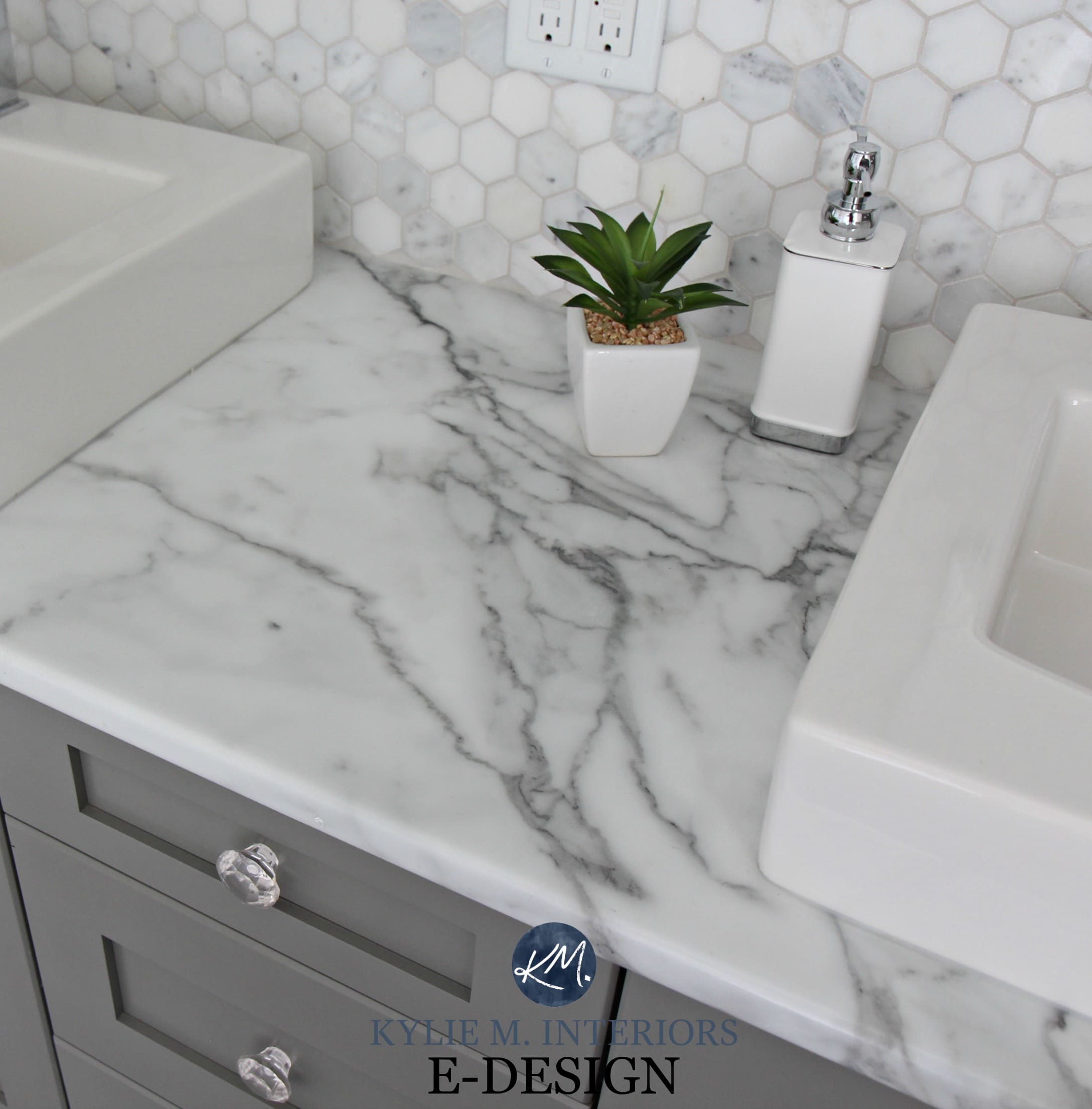 Budget friendly bathroom update ideas, formica calacatta marble laminate countertops, hexagon tile backsplash. Chelsea Gray vanity. Kylie M E-design