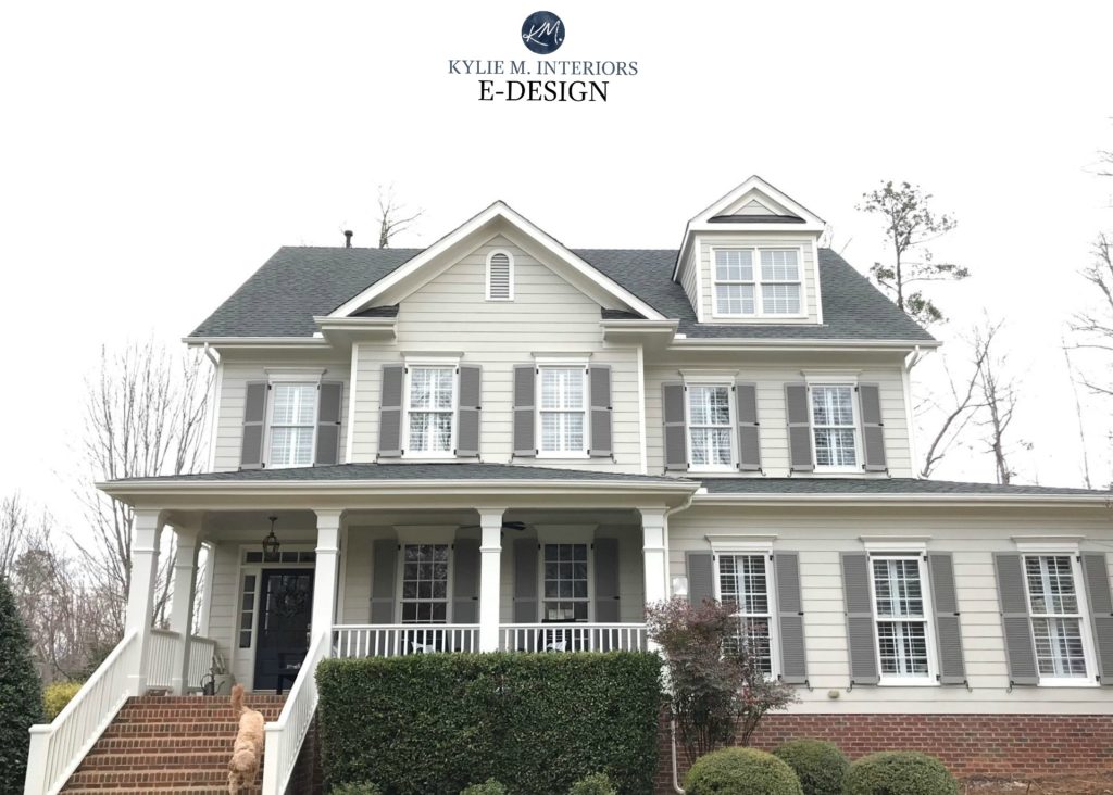 Exterior with red brick painted Benjamin Moore Revere Pewter and Creamy White trim, client choice. Graystone shutters. Kylie M Interiors Edesign, online paint color consultant