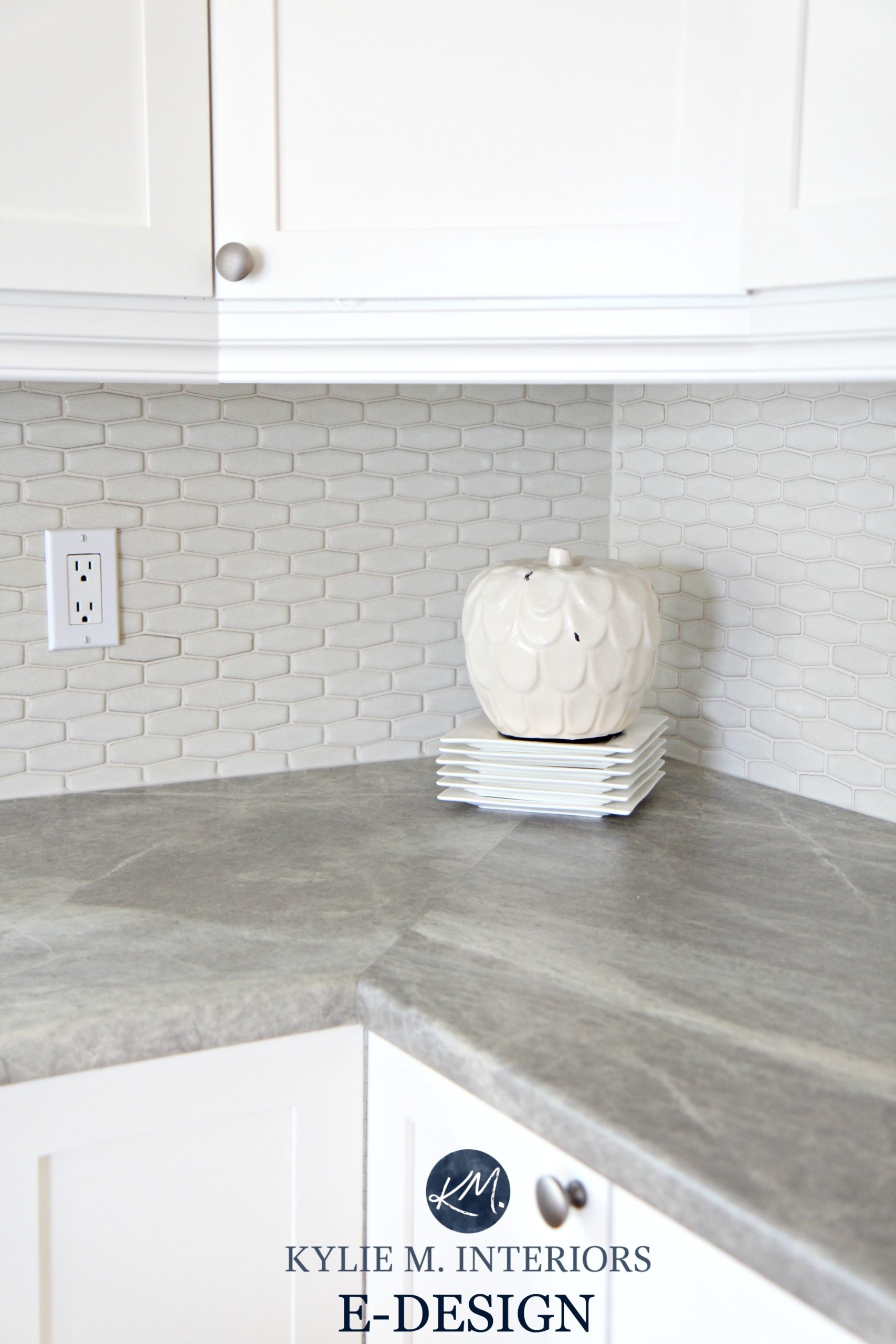 Formica Soapstone Sequoia greige laminate countertop in kitchen with cloud white cabinets. Kylie M E-design