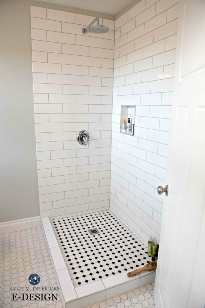 Small bathroom shower, subway tile, hexagon and Benjamin Moore Gray Cashmere paint colour. Kylie M E-design and Online Colour expert
