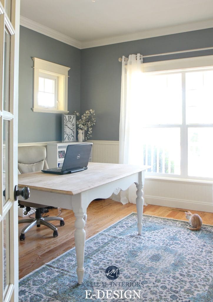 Benjamin Moore Sea Pine, Stonybrook. Home office with creamy white wainscoting and farmhouse desk, rug. Kylie M E-design and paint colour expert