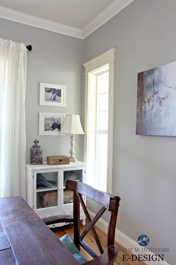 Best gray paint colour, Benjamin Moore Revere Pewter with country style decor and cream trim. Kylie M E-design, blog and online colour consultant and expert