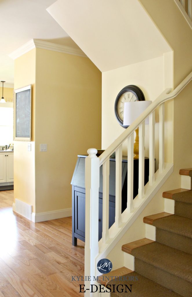 Best yellow paint colour. Benjamin Moore Buttermilk with Suntan Yellow in stairwell with oak flooring. Kylie M E-design and online colour consultant