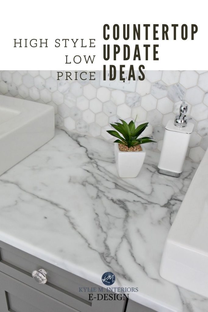 Kitchen or bathroom countertop update ideas, budget-friendly, laminate countertops, marble, concrete look. Kylie M Interiors Edesign