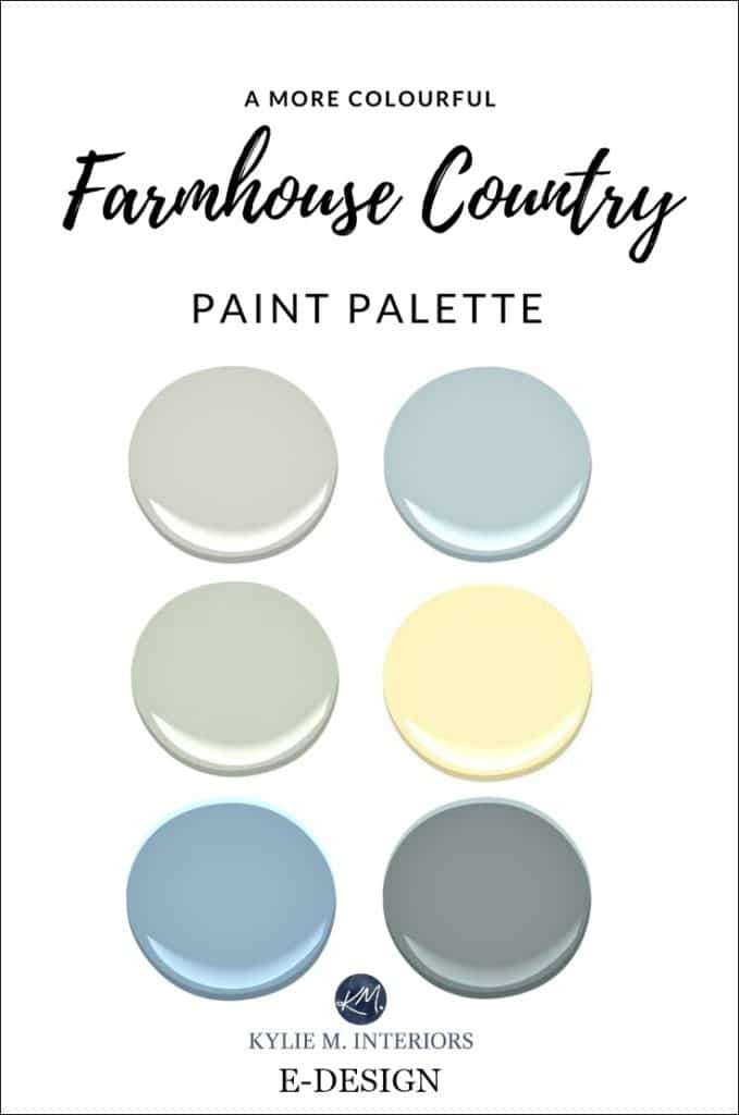 A farmhouse country colourful paint palette with blue, yellow, GREEN and gray. Kylie M E-design