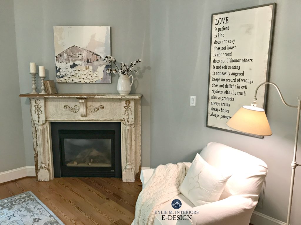 Benjamin Moore Arctic Gray in bedroom with fireplace, old antique mantel, pine flooring. Country decor. Kylie M E-design