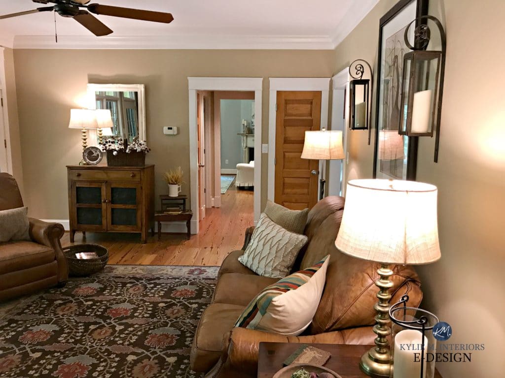 Benjamin Moore Lenox tan in farmhouse country style living room. Brown leather furniture, pine wood floor, doors. Kylie M E-design, virtual and online colour expert