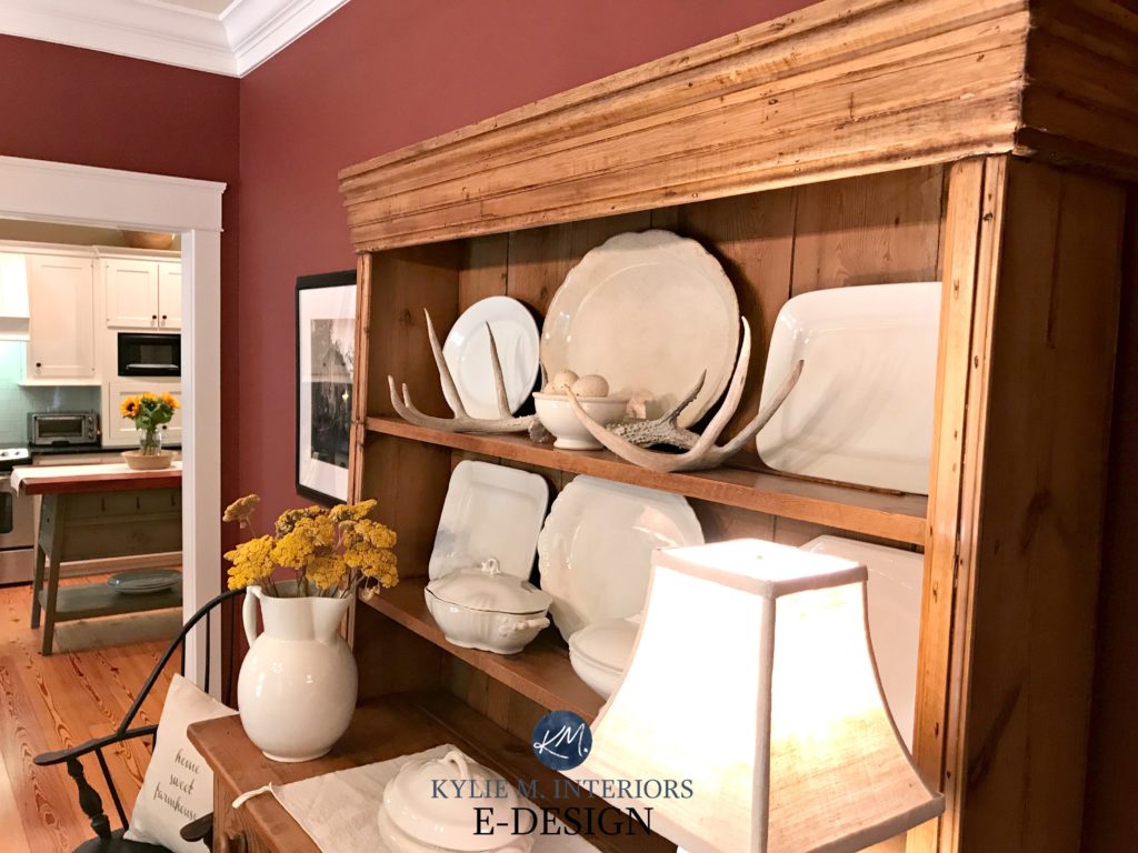 Dining Room buffet and hutch with white dishes. Onondaga Clay red rust paint colour by Benjamin Moore. Kylie M E-design. Colour consulting